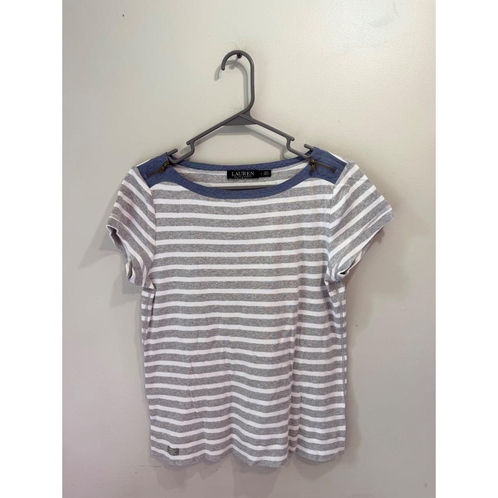 Lauren Ralph Lauren Womens Large Grey‎ Striped Zipper Shoulder Cotton T-Shirt